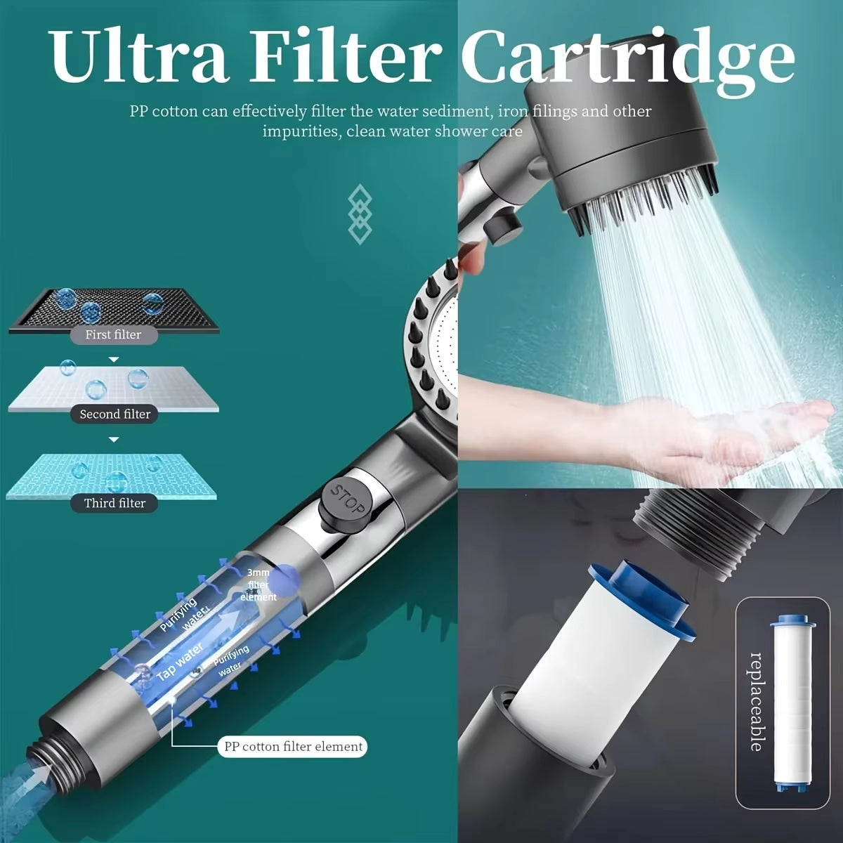2025 New Ion Drop Shower Head with Handheld Filter Shower, Turbocharger with Multiple Spray Modes, Built-In Filter On/Off Switch